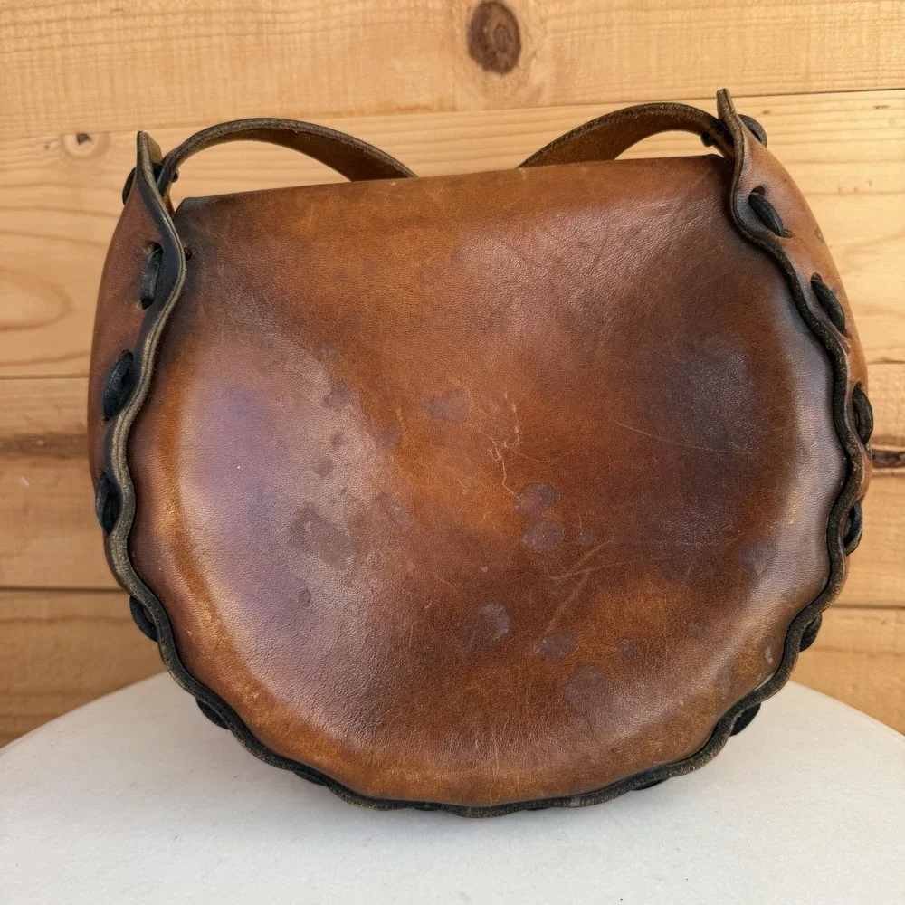 VTG 60's Hand Made Hippie Leather Shoulder Bag Purse Floral Embossed Boho *Flaws